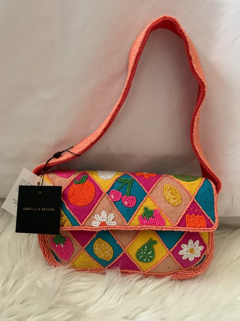 AMERICA & BEYOND Floral & Fruity Seed Beaded Clutch Bag in Coral Multi